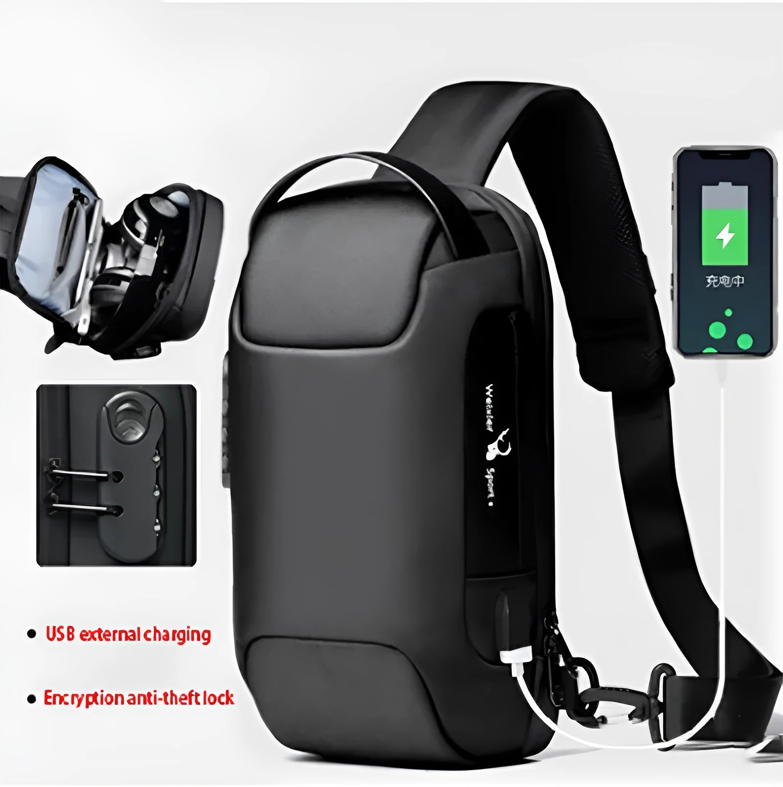 Waterproof Oxford cloth crossbody anti-theft messenger bag showing internal organisational pockets and adjustable strap
