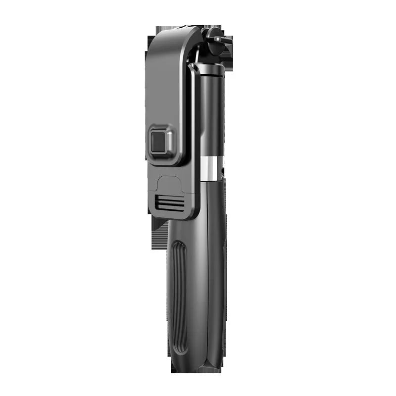 Black Bluetooth selfie stick tripod extended with smartphone mounted, wireless remote control shown