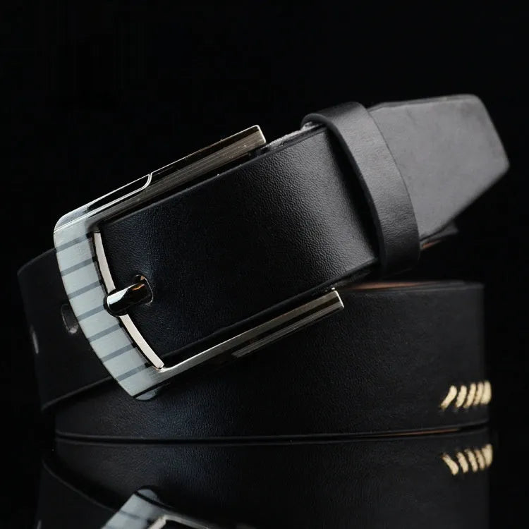 Men's imitation leather belt with retro pattern and alloy pin buckle in black, brown, or white
