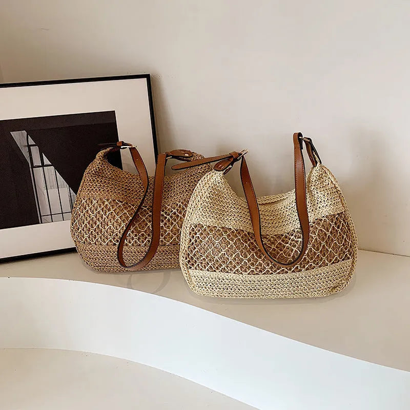 Women's straw cross body bag in khaki colour with sandwich pocket and horizontal square shape