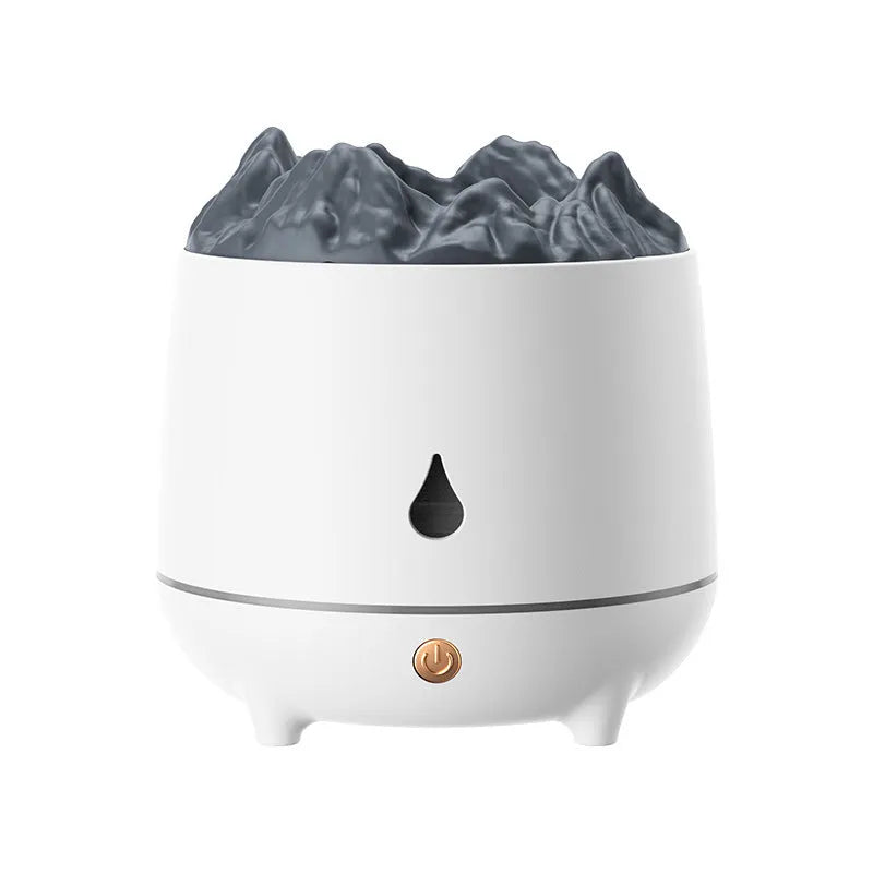 Volcano mountain-shaped humidifier in black colour with USB cable connection and mist output