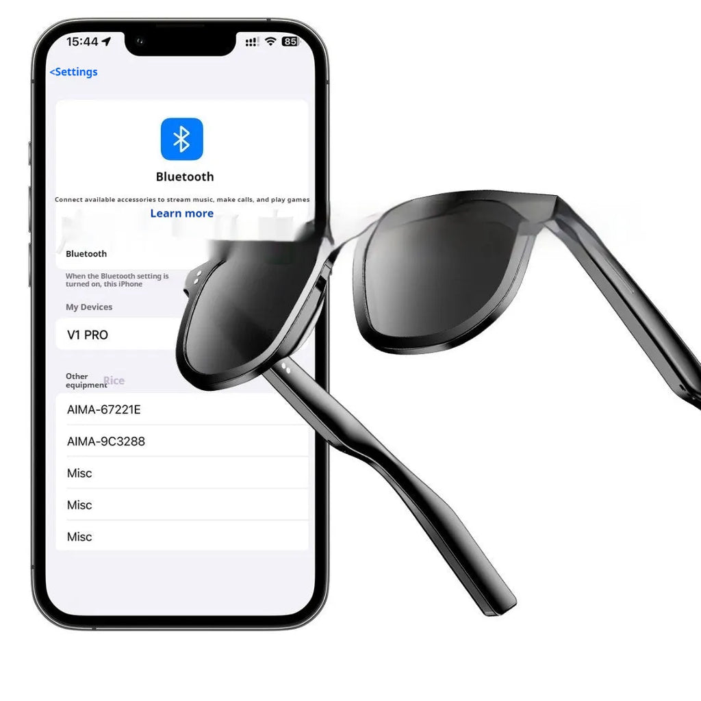 Black AI smart glasses with Bluetooth audio and touch controls featuring sunglass lenses