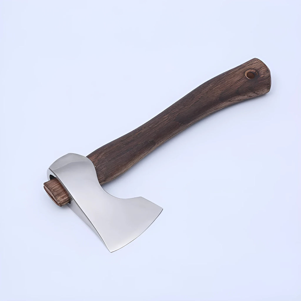 Camping axe with high carbon steel head and wooden handle for outdoor use