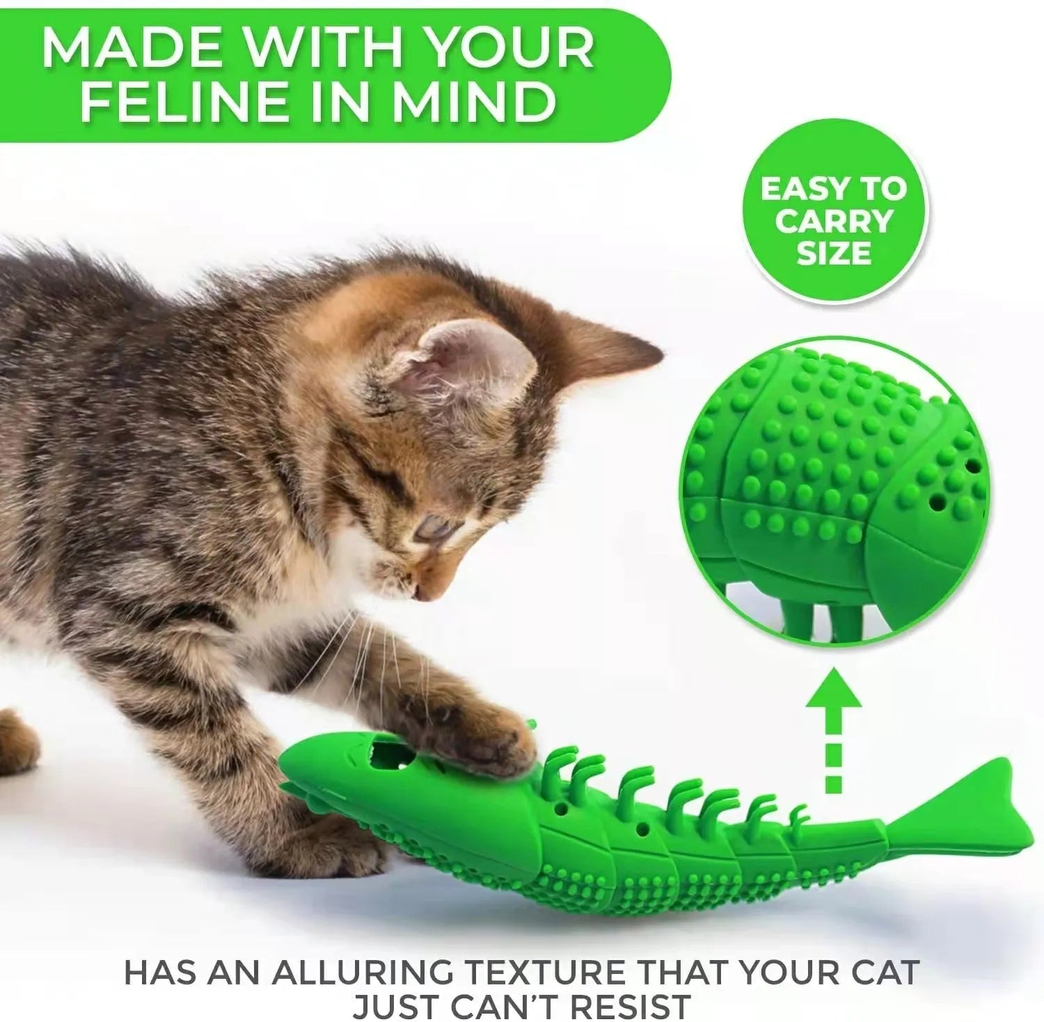Blue hard rubber cat chew toy with dental cleaning function and bell inside.