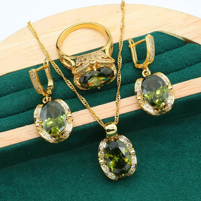Women's copper rhinestone jewellery set with zircon stones in olive green colour