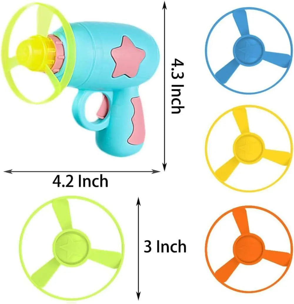 Blue plastic cat toy gun with spinning Frisbee launcher for indoor cat play
