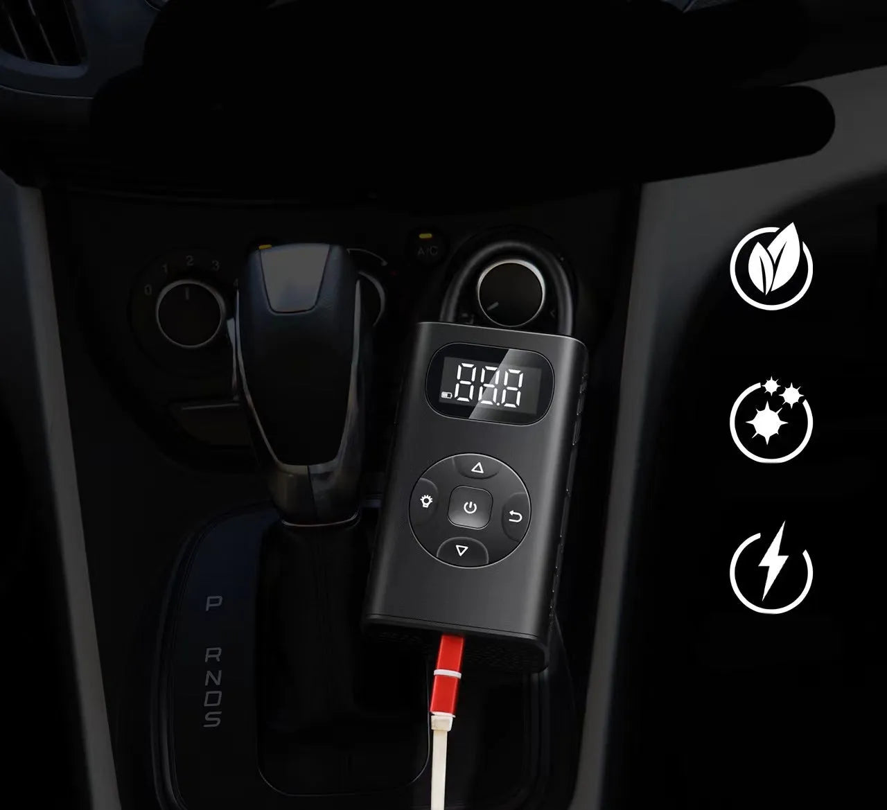 Black M09X portable power bank tyre inflator with digital display and 16cm air hose on a dark background.