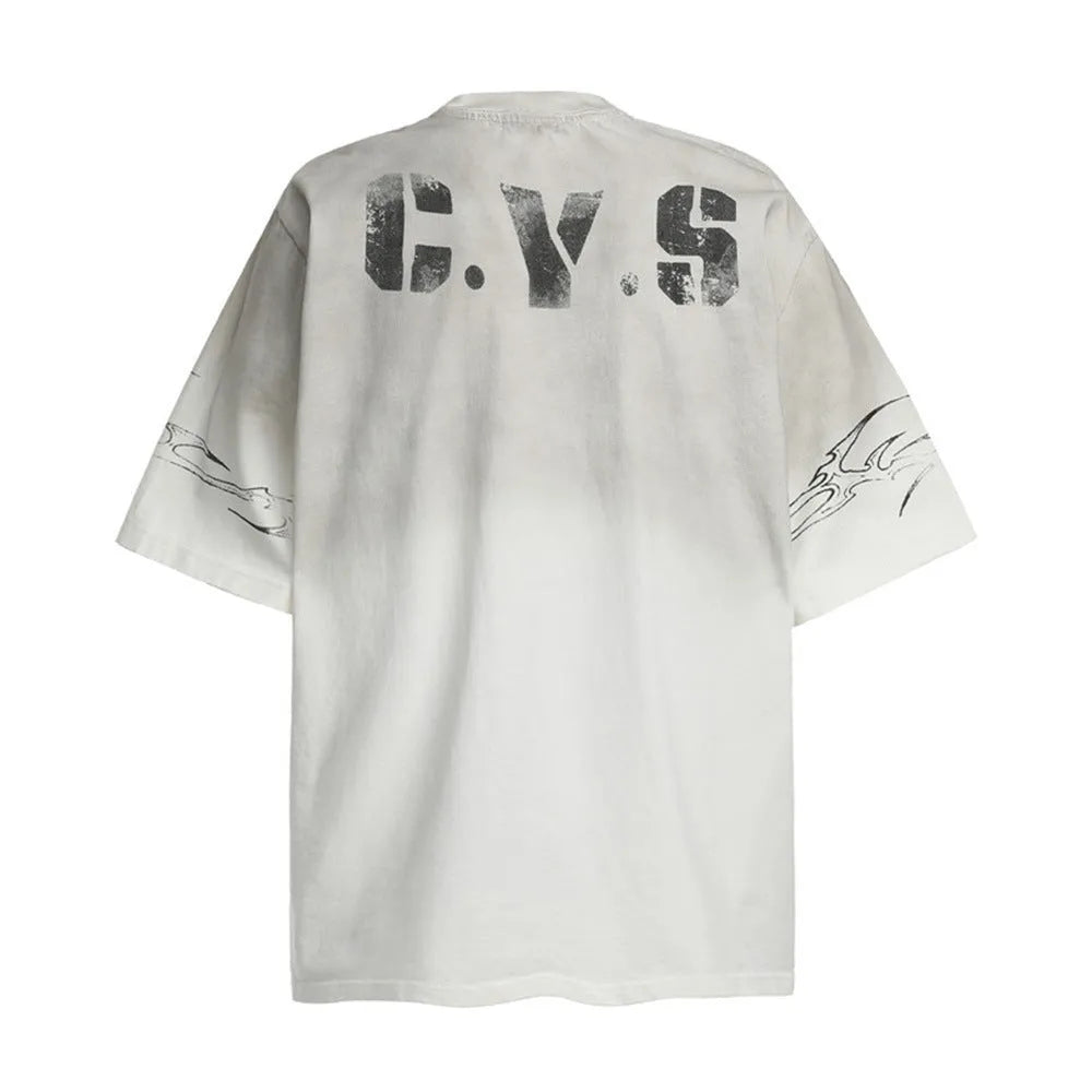 A man's short-sleeved printed t-shirt in pure cotton, shown in black and white colour options.