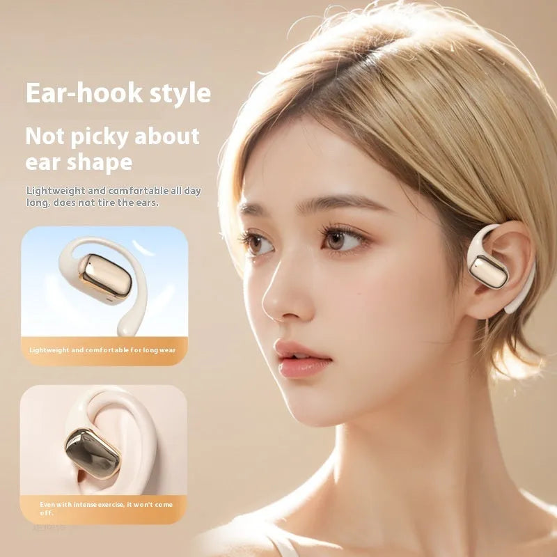 Ear-mounted wireless headphones in black with a small digital display screen on the side.
