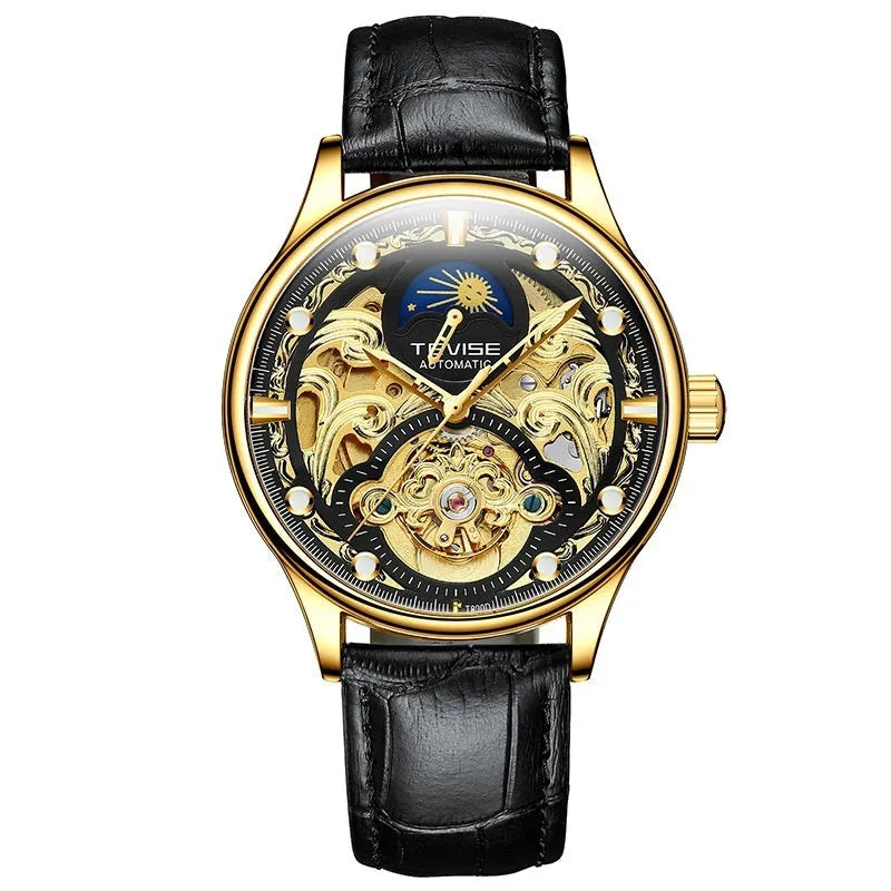 Men's gold leather strap automatic mechanical watch with waterproof case