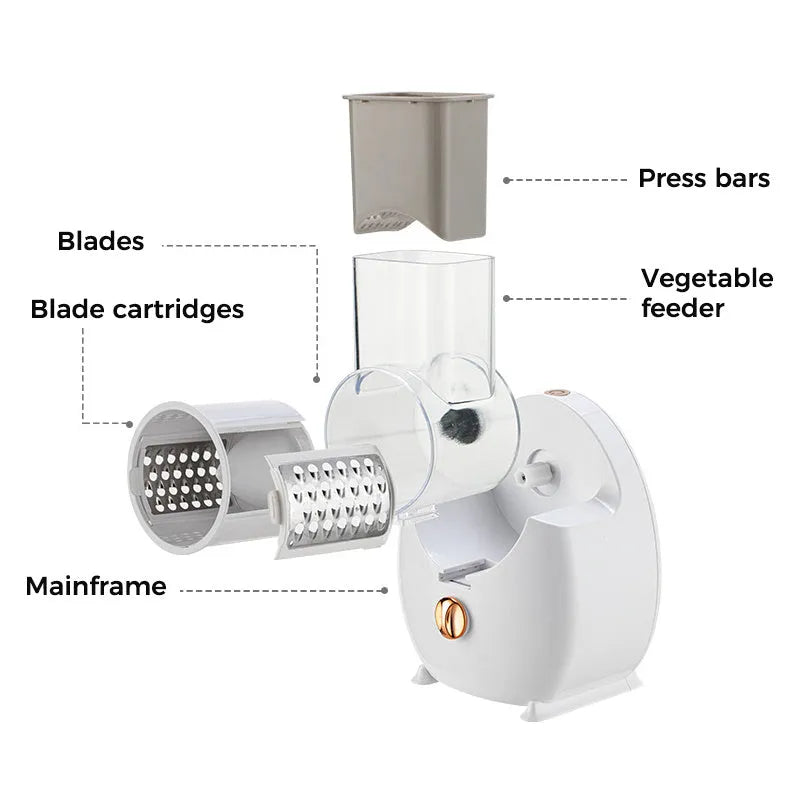 White electric vegetable slicer with rotary grater, feeding port, and three blade pairs on kitchen counter