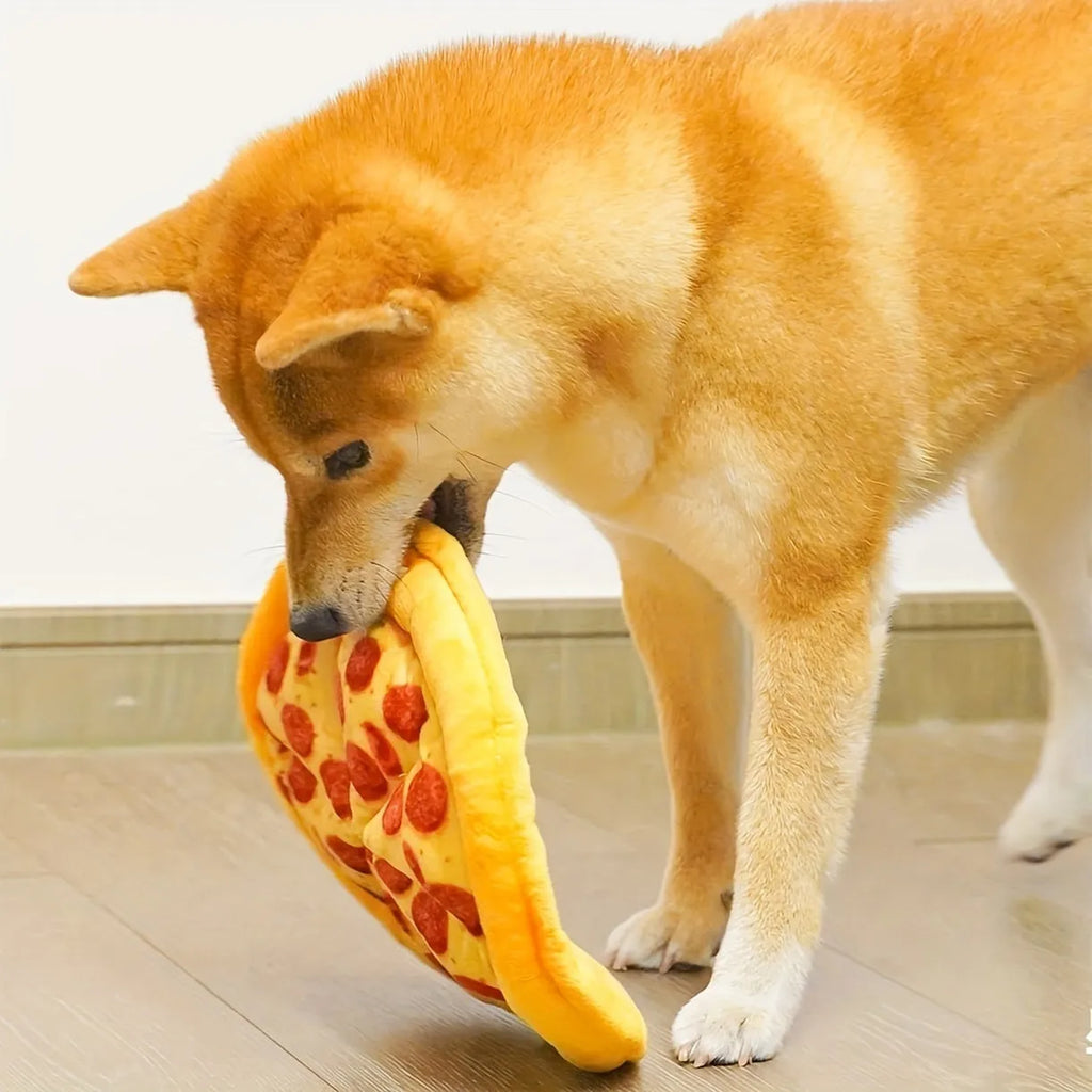 Yellow pizza and teddy bear dual-design dog chewing toy with squeaker