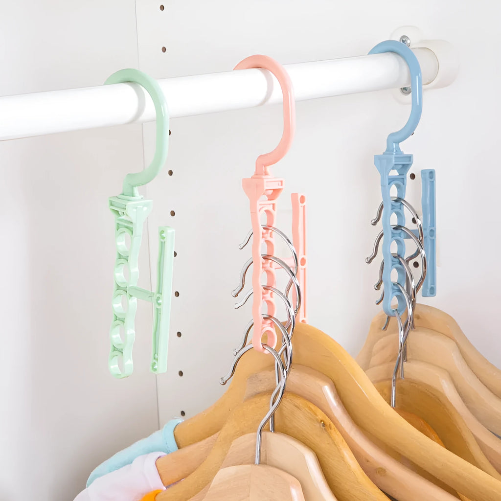Blue magic wardrobe hanger with five branches and a top handle for organising clothes.