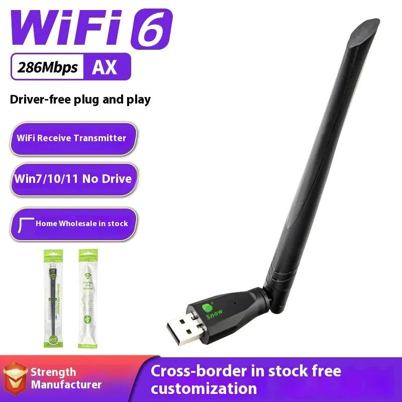Black USB WiFi6 wireless network card with driver software included for desktop and laptop connectivity