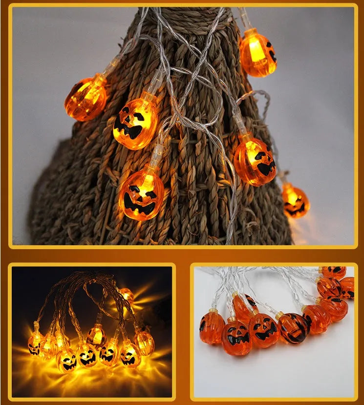 Halloween LED string lights with bat, pumpkin, ghost and spider pendants on a 1.2 metre battery-powered string
