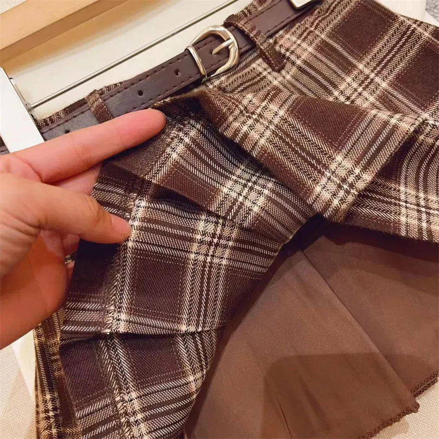 Girls plaid pleated A-line skirt in cotton blend fabric available in six height sizes
