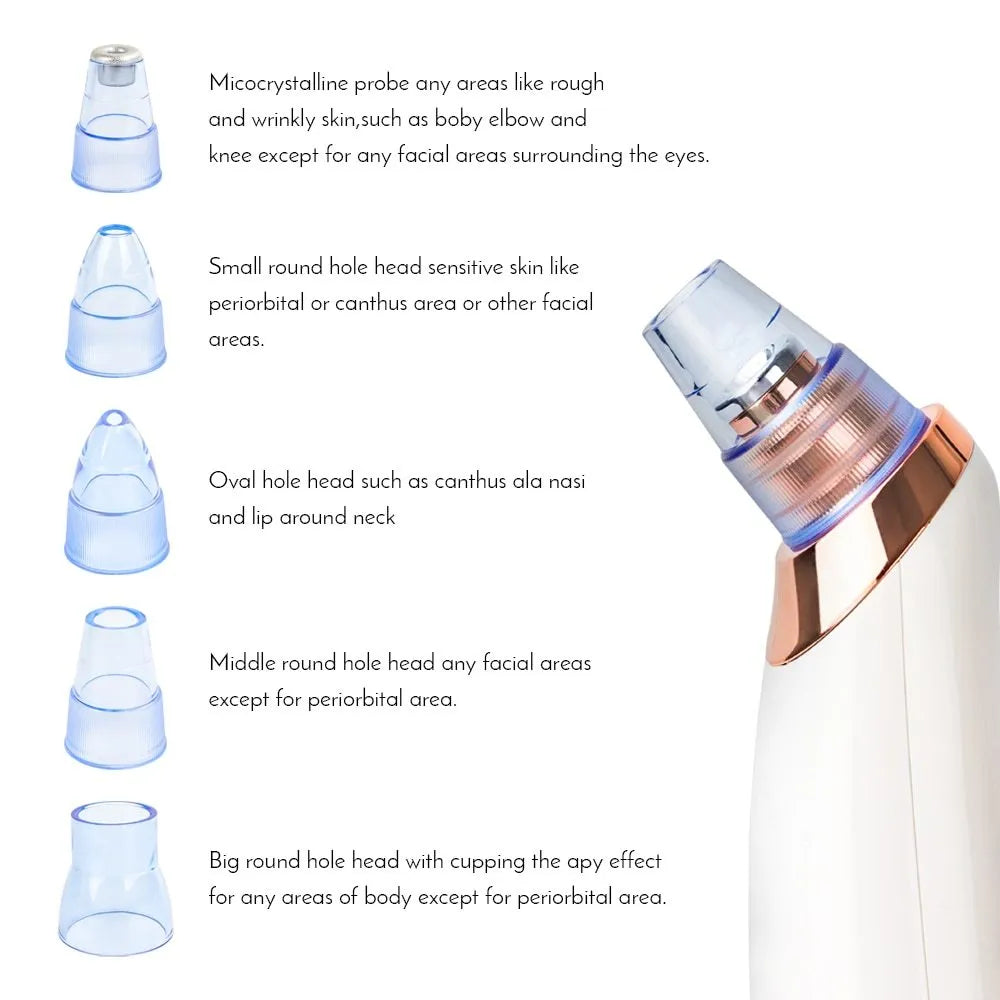 Electric blackhead remover device with interchangeable nozzles in black colour.