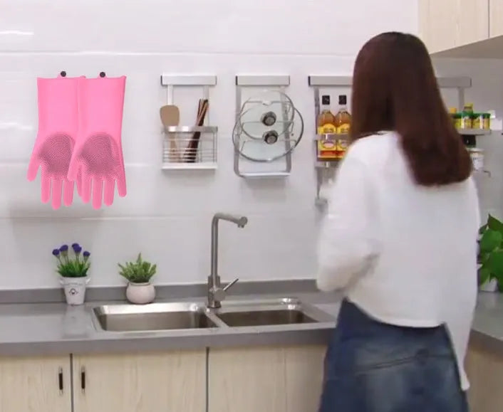 Silicone heat-resistant cleaning gloves with sponge surface in various colour options