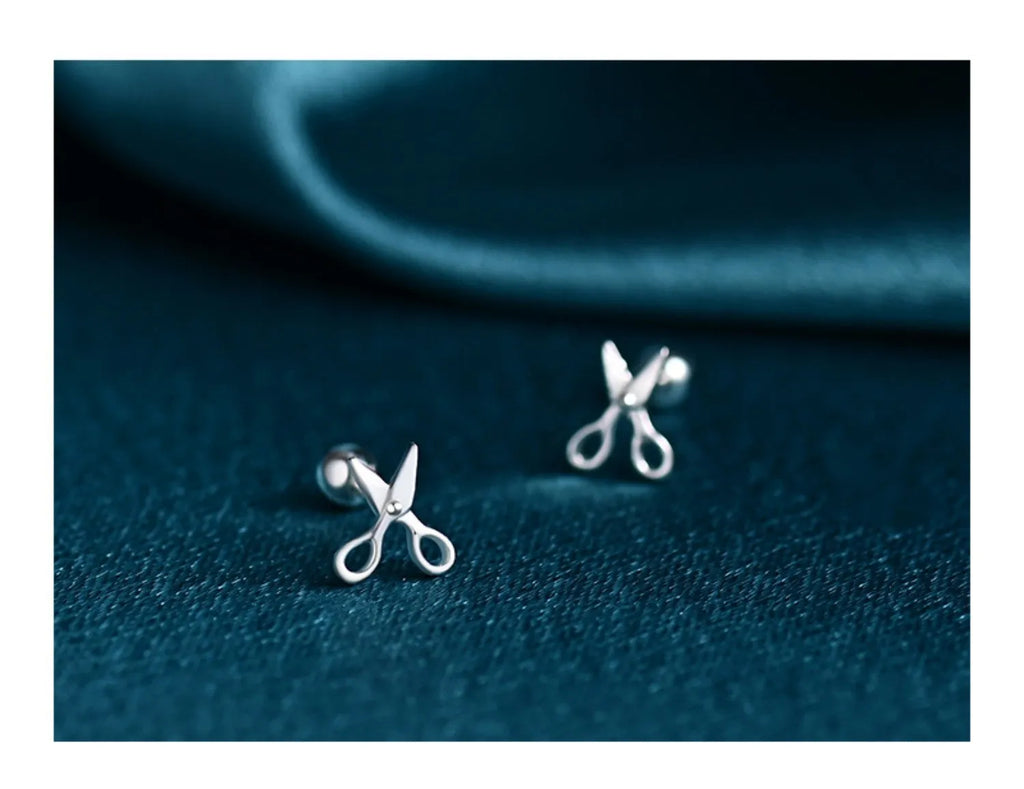 Pure silver screw ear nail earrings with miniature scissors pattern