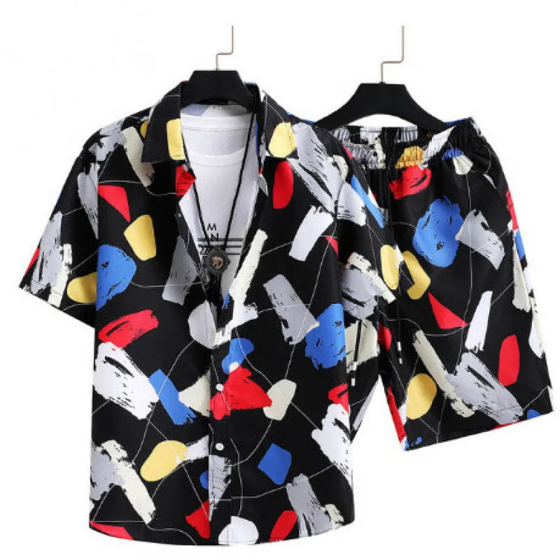 Men's digital print cardigan and matching shorts suit set in polyester fabric.