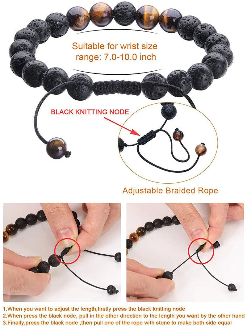 Matte black agate couple bracelets with geometric beads on wrist