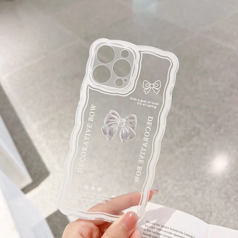 Clear iPhone phone case with transparent ice bow decoration on TPU back cover