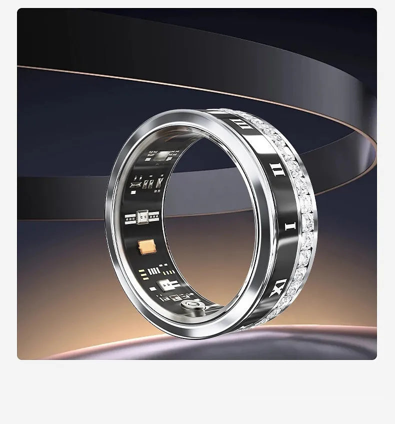 Silver and gold smart ring with diamond inlay on a finger, showing its health monitoring design.
