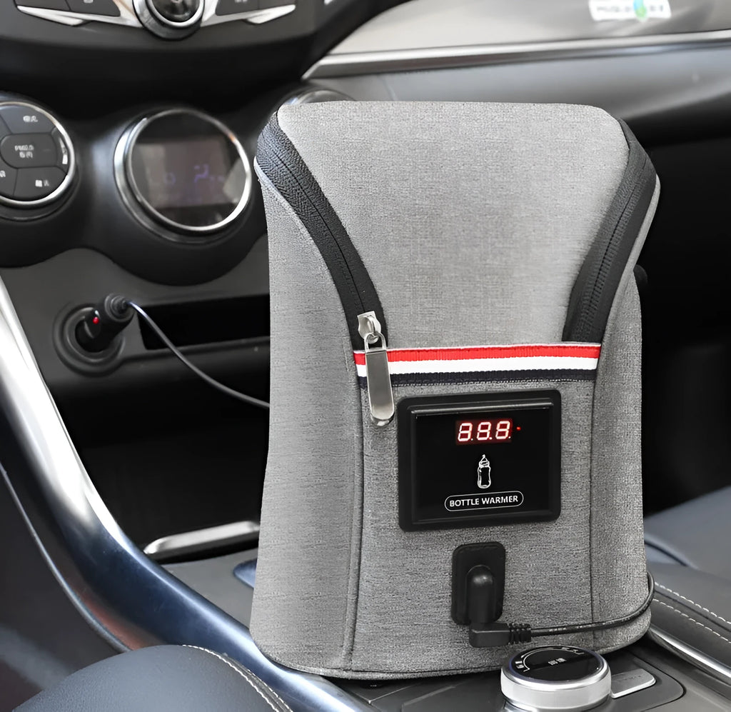Grey Oxford cloth portable baby bottle warmer with car USB charging and temperature display