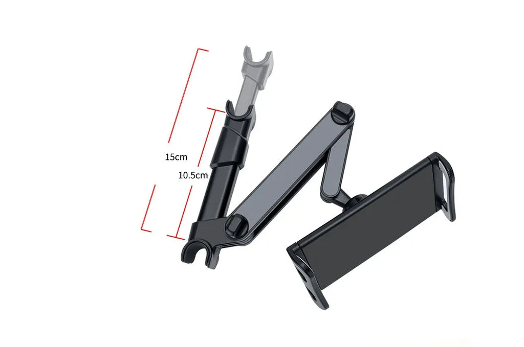 Black universal car phone and tablet holder with snap-in base for mounting on rear car seats.