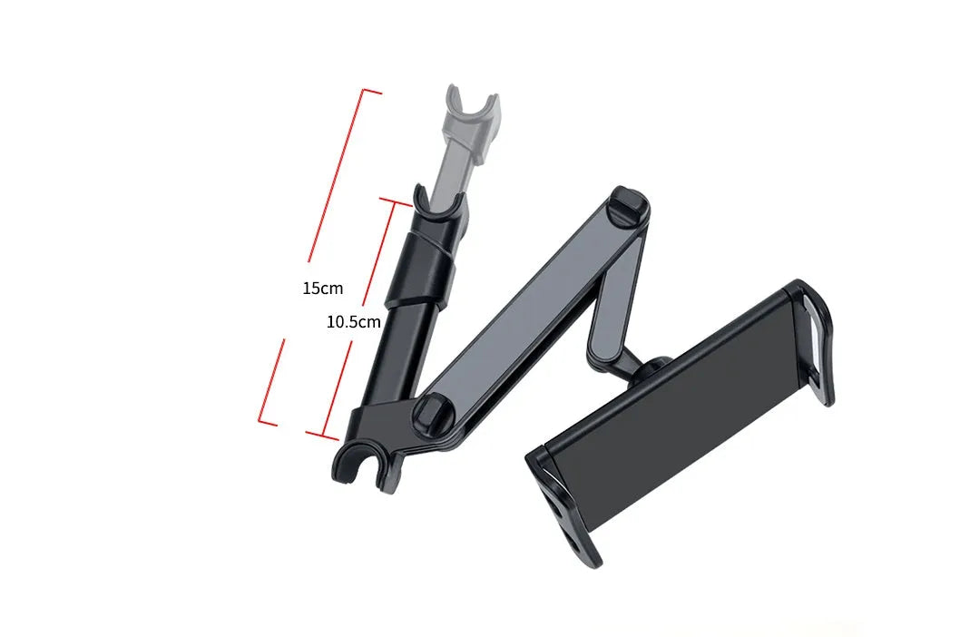 Black universal car phone and tablet holder with snap-in base for mounting on rear car seats.