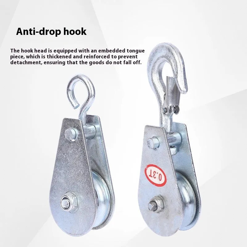 Red industrial steel lifting pulley with a forged hook and safety latch for wire rope.