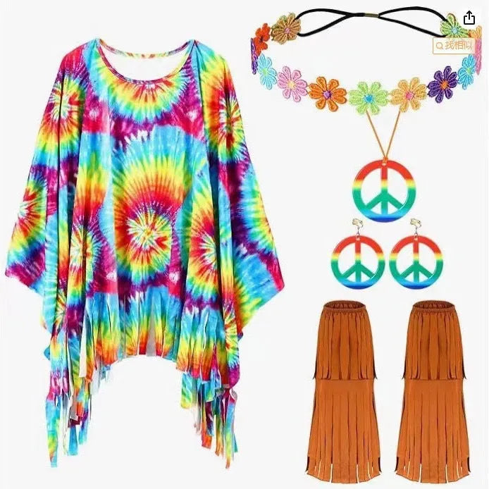 Adult wearing a vibrant tie dye cloak costume with large bell sleeves, shown in rainbow colours.