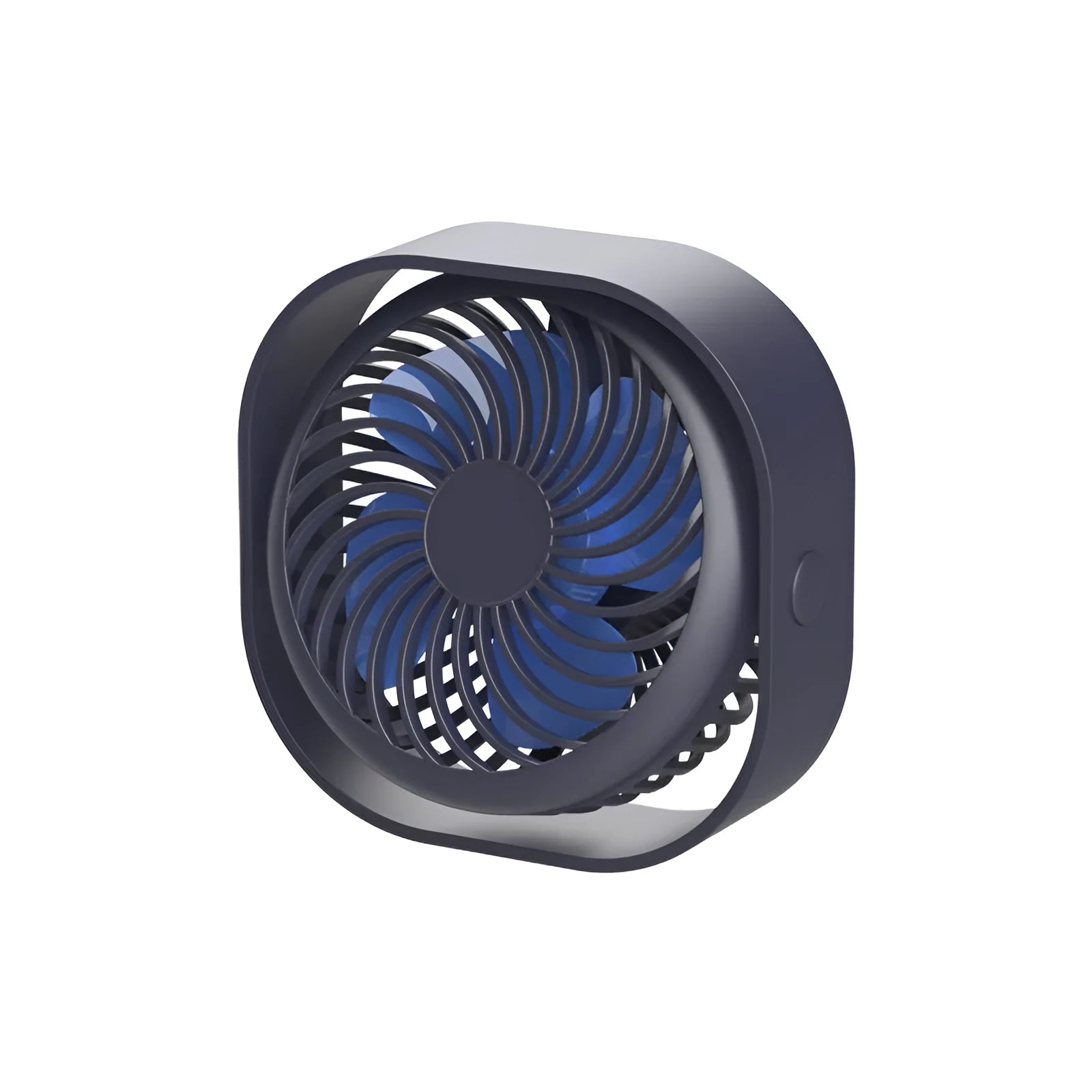 USB charging desk fan with alarm clock in blue colour on a desk
