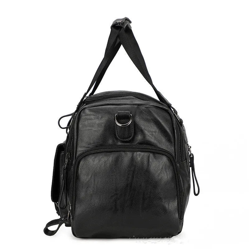 Large black PU travel bag with separate shoe compartment, dimensions 52cm by 19cm by 27cm