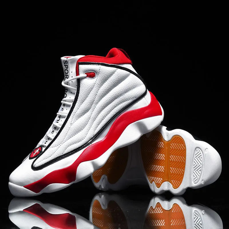 Men's high-top basketball shoes in AJ13 colourways with mesh upper and rubber sole.