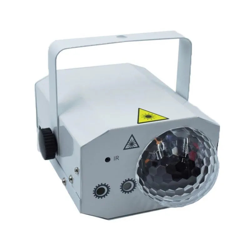 LED laser magic fan stage lighting equipment with dual projection effects in black housing