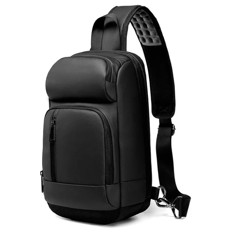 Black medium outdoor shoulder bag showing computer pocket, soft handle, and single air cushion strap.
