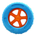 Set of three TPR floating squeaky dog toys: a red ball, blue barbell, and orange tyre with bumpy textures.