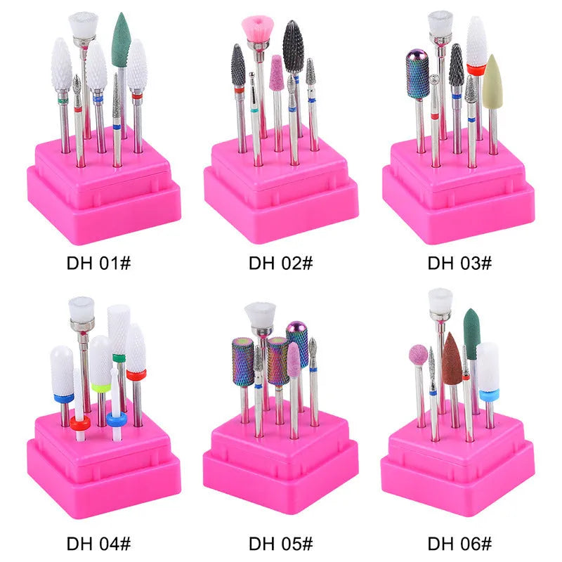 Tungsten steel nail drill polishing head set with seven pieces in a clear case.