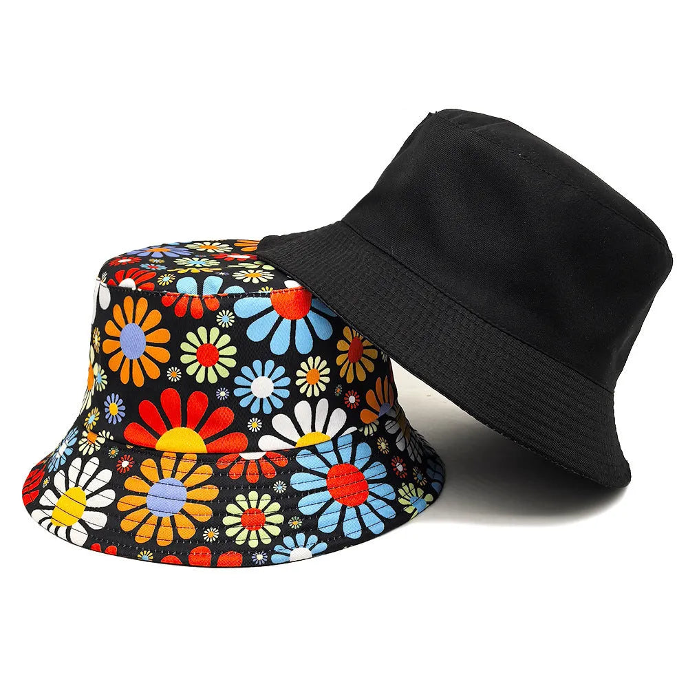 Colourful floral pattern bucket sun hat with dome crown in size M for women