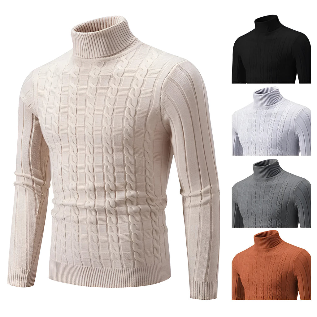 Men's slim-fit twist turtleneck pullover jumper in chenille fabric on a hanger.