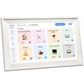 White 15.6 inch smart digital photo frame with app control on wooden table