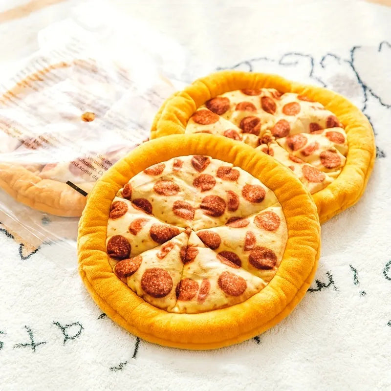 Yellow pizza and teddy bear dual-design dog chewing toy with squeaker