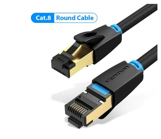 CAT8 shielded flat and round ethernet cables with RJ45 connectors in various lengths from 0.5 to 10 metres