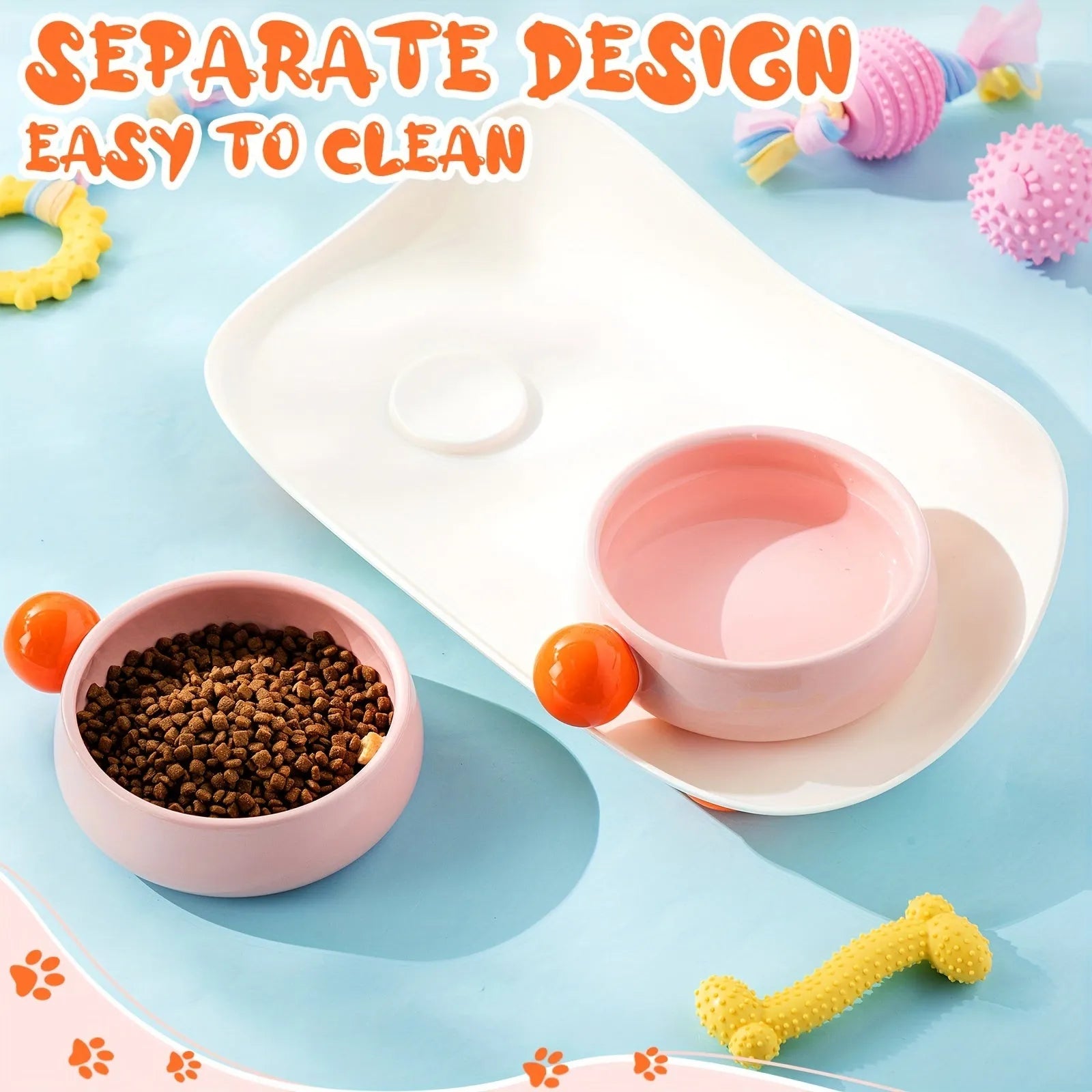 Raised ceramic dual pet feeding bowl in pink, yellow, or pink yellow with non-slip base