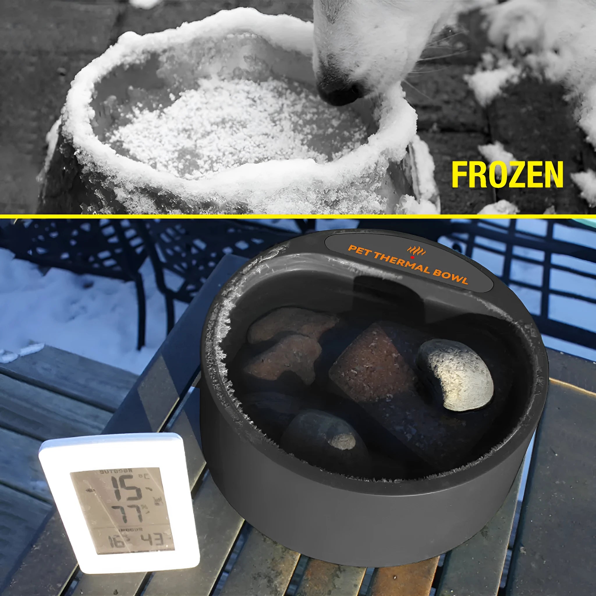Black ABS plastic heated pet feeding bowl for cats and dogs with a 2.2-litre capacity.