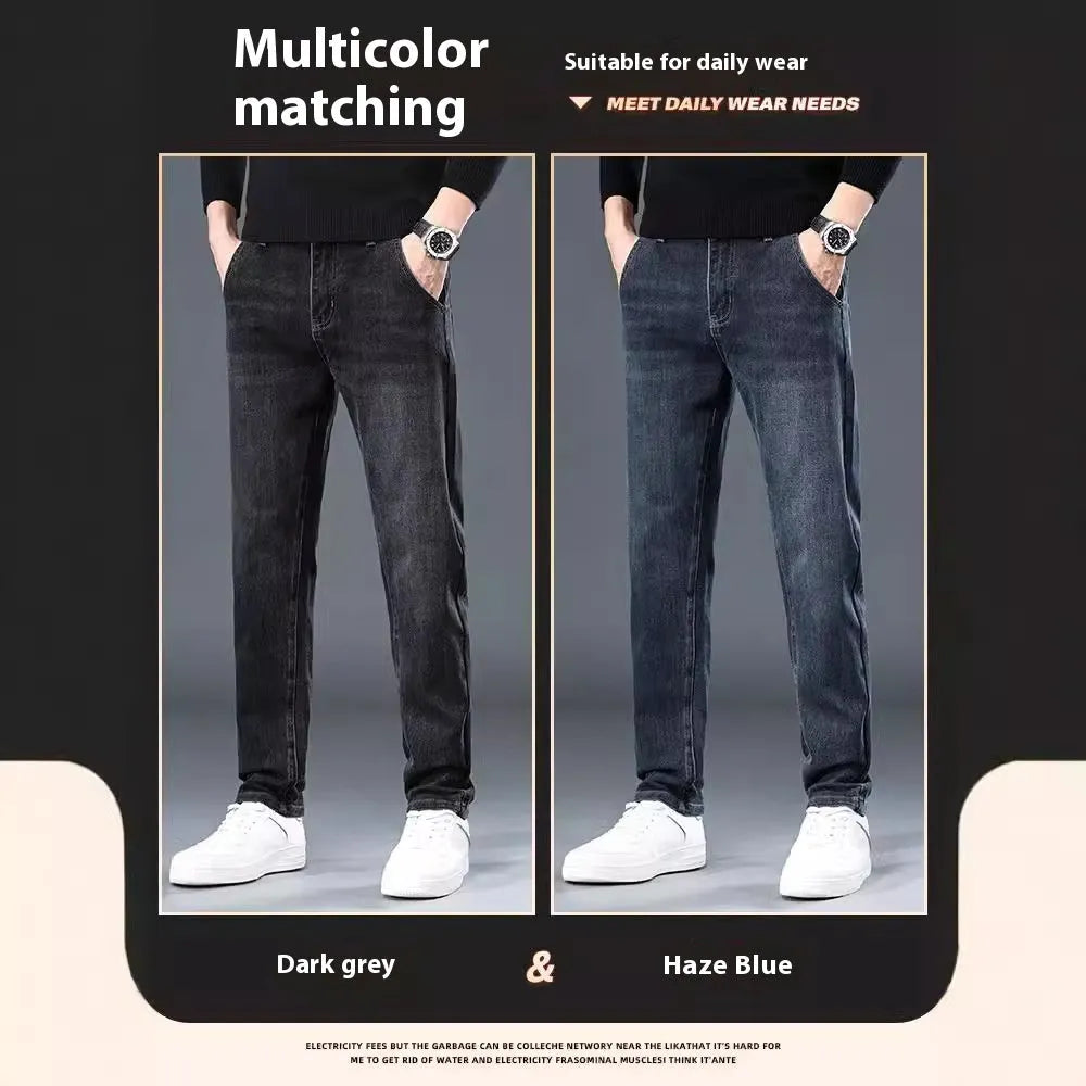 Men's slim straight casual trousers in blue-grey, showing a loose fit and zip fly detail.