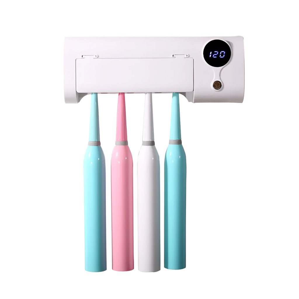 White wall-mounted smart UV toothbrush steriliser with USB charging port and button controls