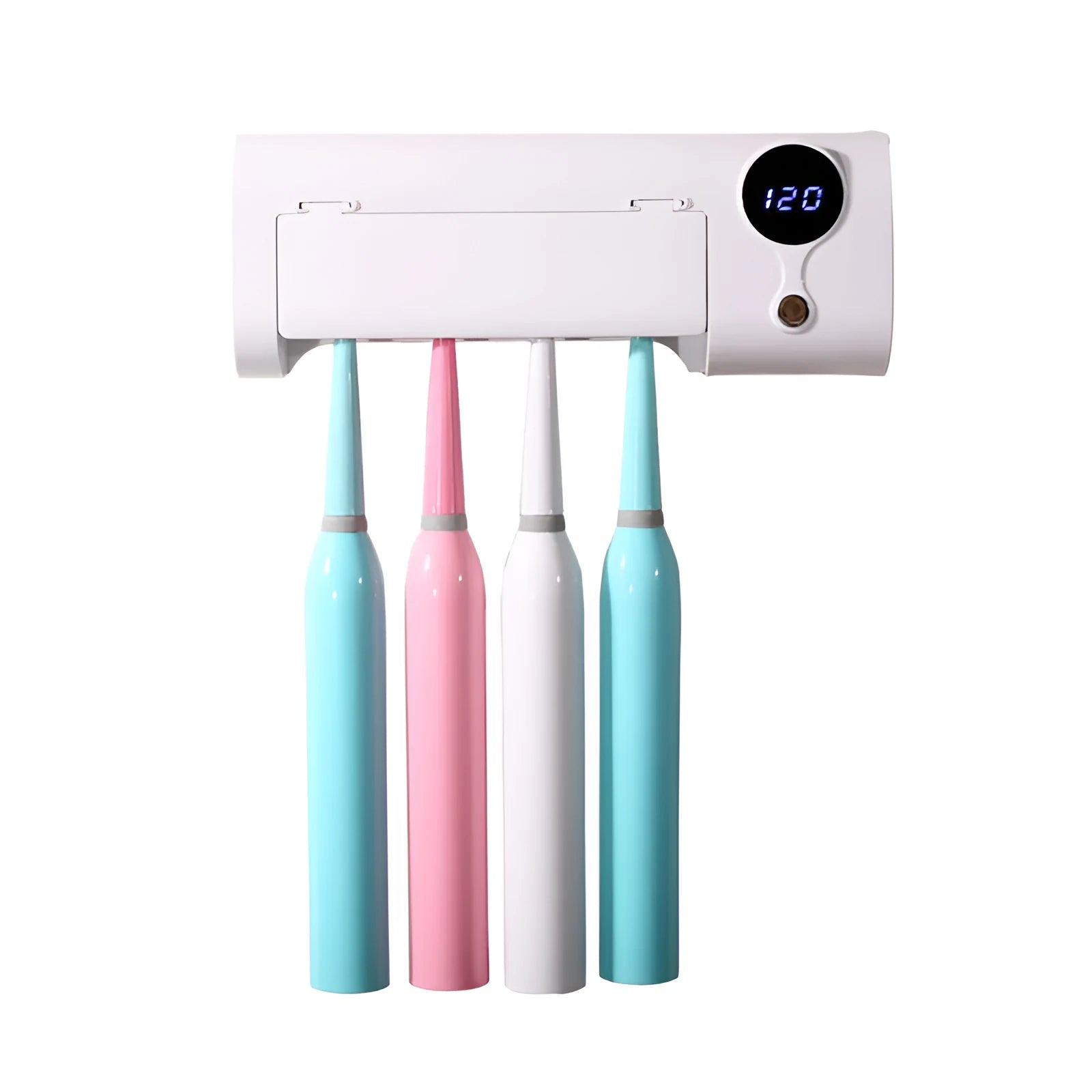 White wall-mounted smart UV toothbrush steriliser with USB charging port and button controls
