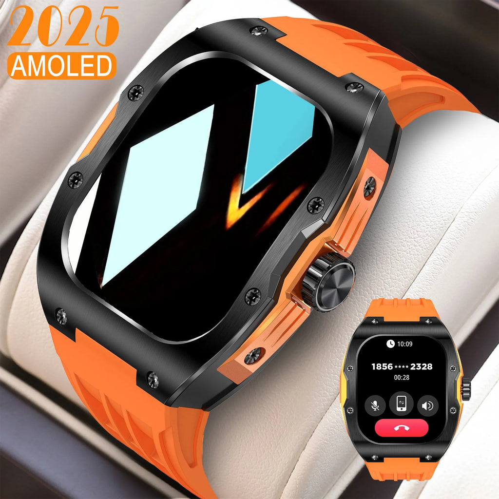 Men's black and blue smart watch with AMOLED screen displayed on a wrist.